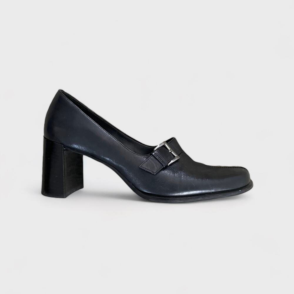 Franco Sarto Black Leather Block Heel Loafer